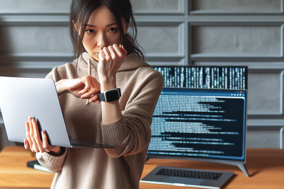 "Person examining data on a wearable fitness device screen, illustrating concerns about security and hacking vulnerabilities in fitness trackers."